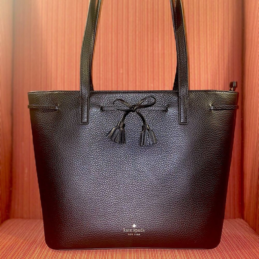 Kate Spade New York “Hayes” Bow Tassel Black Leather Tote Carryall Bag Purse NEW